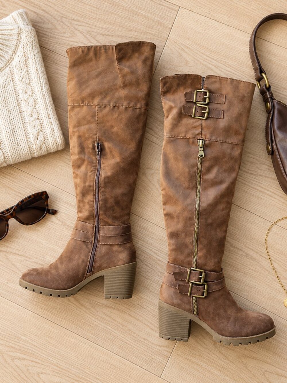 Carlos Santana Jada Cognac Brown Faux Suede Over The Knee Buckle Boots 8